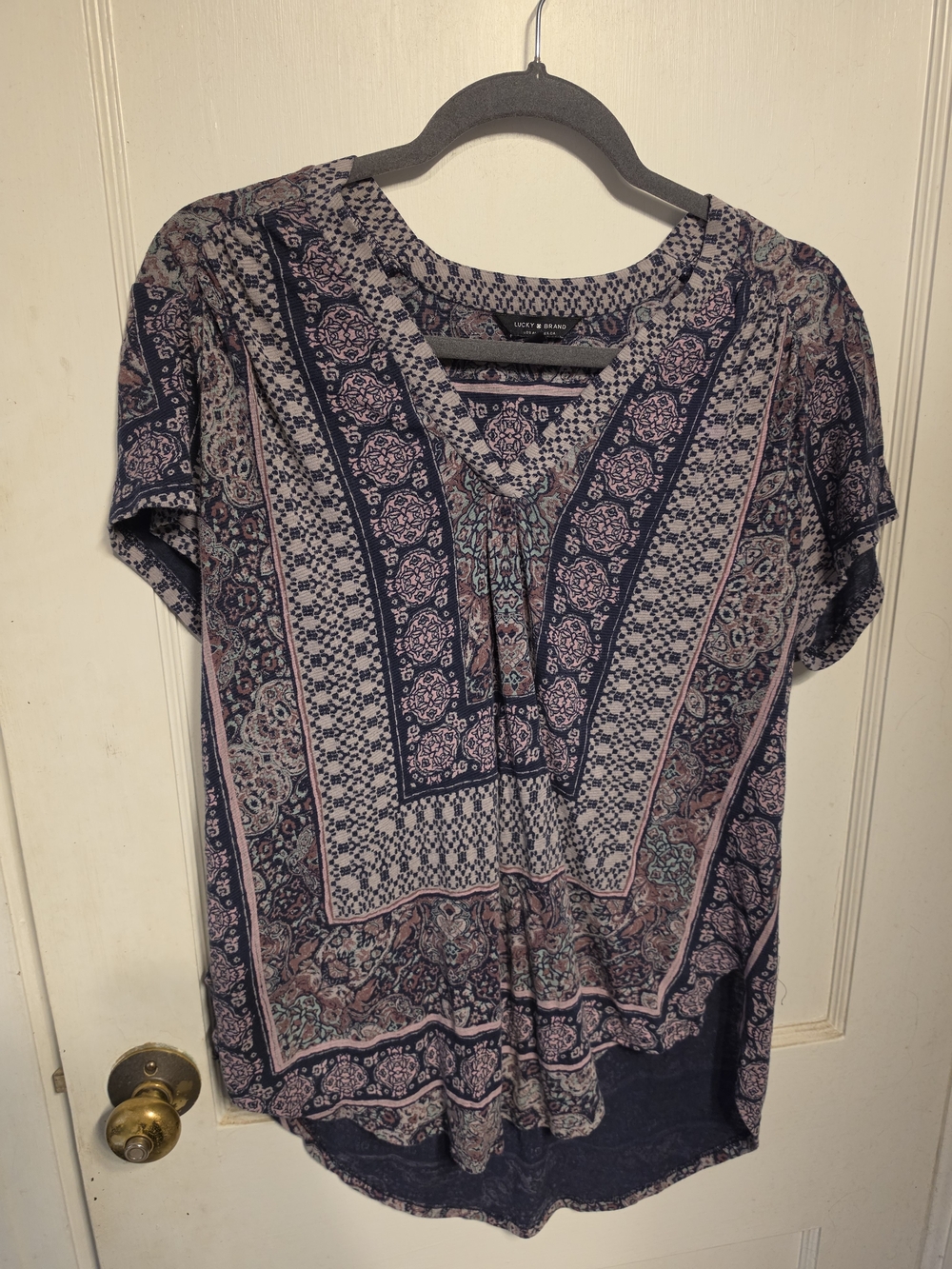 Lucky Brand Navy and Pink Paisley Short Sleeve Tunic